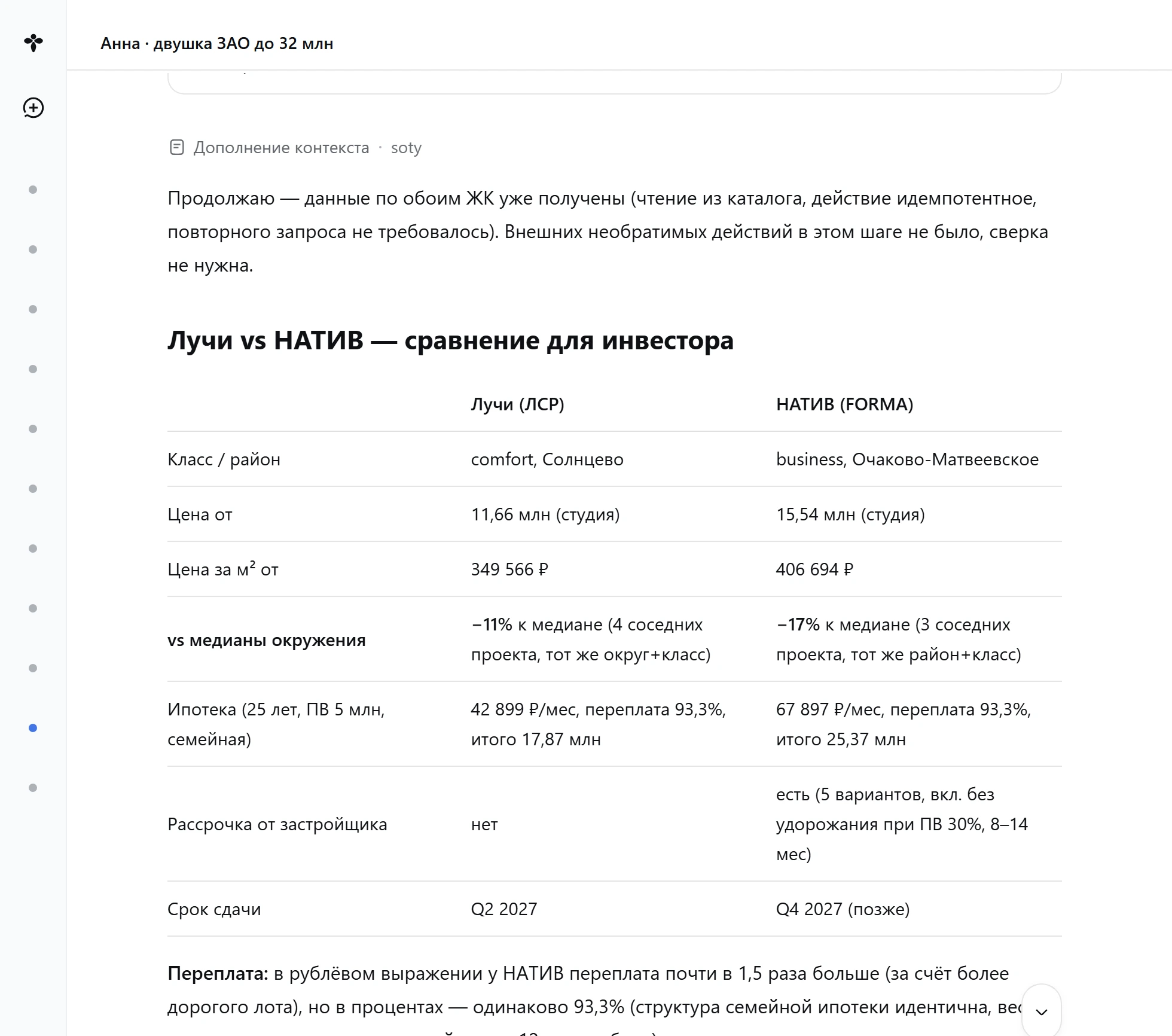 Экран Сот: ответ Роя — таблица «Лучи vs НАТИВ» с ценой, отклонением от медианы окружения, платежом по семейной ипотеке и сроком сдачи